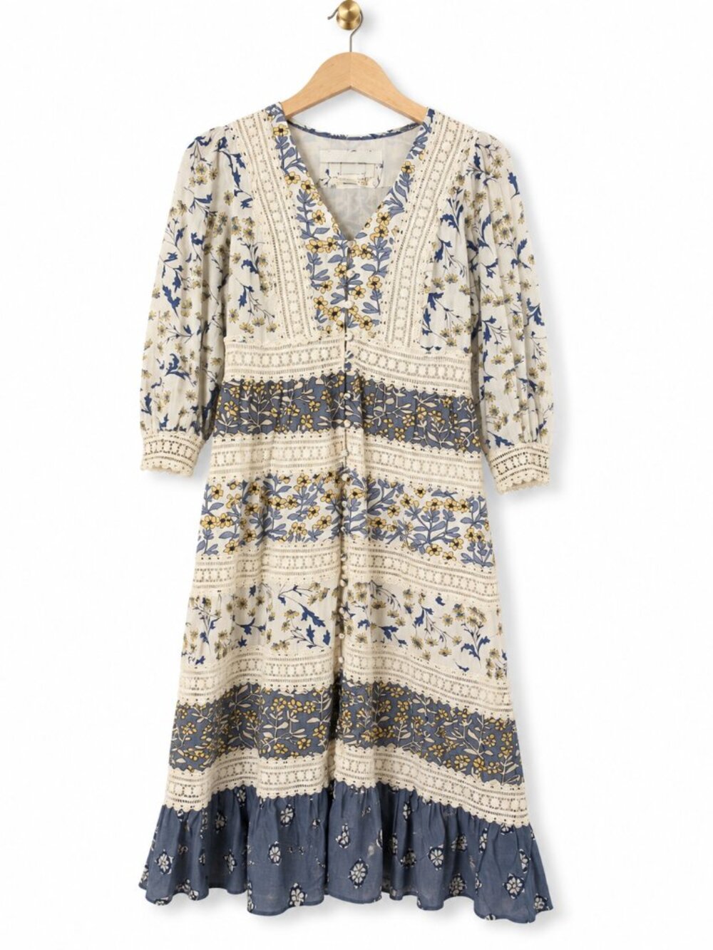 Anthropologie Roberta Floral Midi Dress 2P Petite Blue Lace Empire Waist - Picture 2 of 16